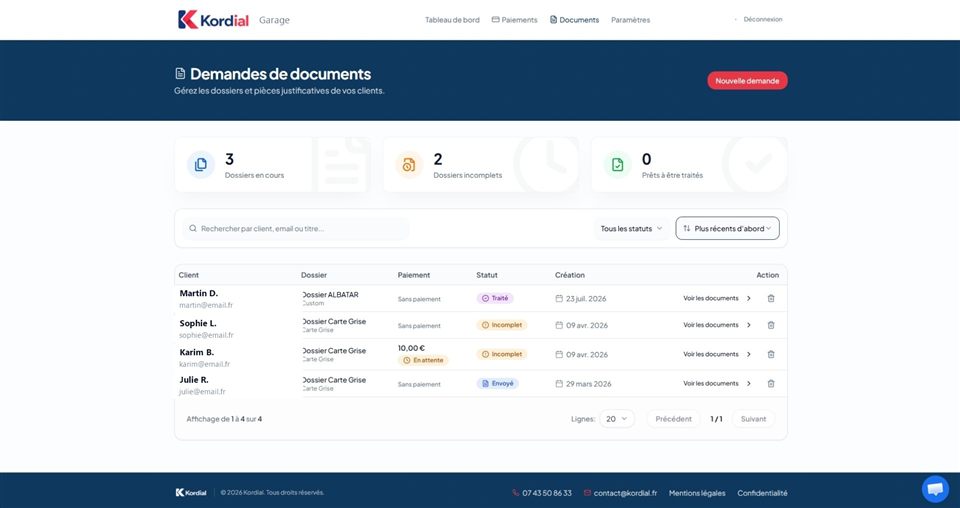 Suivi des demandes de documents envoyées
