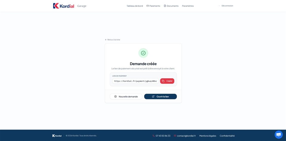 Lien de paiement sécurisé généré